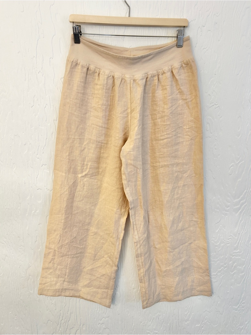 CUTLOOSE Linen Wide Leg Pants Tan Medium Neutral Elastic Waist Lagenlook Beach
